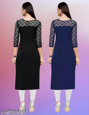Polyster/Crepe fabric-Pack of 1 Casual And Round-Neck 3/4 Length Sleeves Black & Navy Blue Kurti (42"Inches)