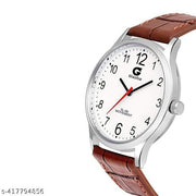 White Number Dial Brown Leather Analog Watch - For Men