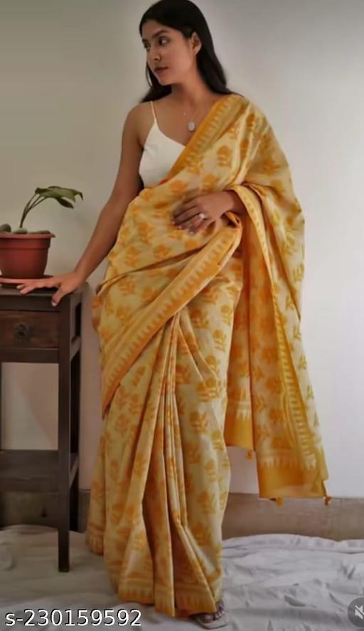 Latest Pure Cotton Mulmul Hand Printed Saree With Unstitched Blouse