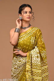 Jaipuri Printed Soft Zari Cotton Mulmul Saree With Attached zari Blouse Piece for Woman