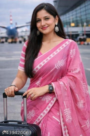 Bagru print cotton mulmul saree with blouse piece