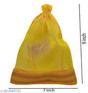 Foxtree Pack of 10 Pieces Silk Tissue Organza Drawstring Closure Yellow Small Size Potli Bags Pouch Best for Party Supply Return Gift Bags (23 cm X 18 cm)