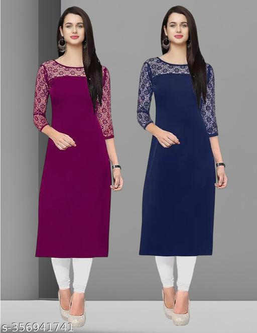 Pack of 1 Casual American Crepe And Net Round-Neck 3/4 Length Sleeves Wine & Navy Blue Kurti (42"Inches)