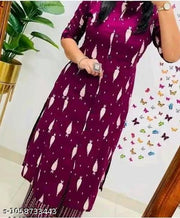 Women Wine Purple Printed Kurti Pant Set | Stylish Printed Kurta Set for Women | 3/4 Sleeve Ethnic Kurti with Pant | Daily & Office Wear