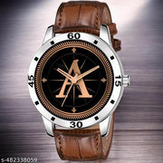 Natrix Analog Round Black Dial ALPHABET A Design Stylish Brown Leather Strap Classic Design Fancy Wrist Watch for Men and Boys, Pack of 1 - ALPHA-A-AVO-SIL-DBRW-CRL