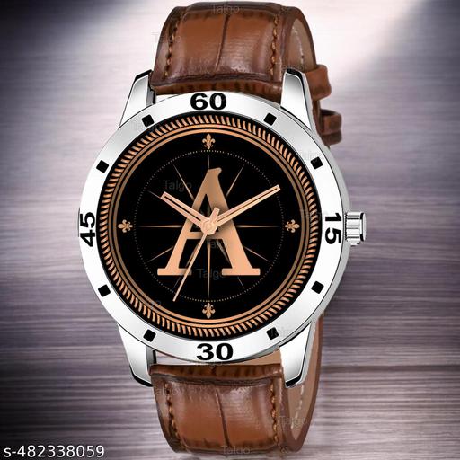 Natrix Analog Round Black Dial ALPHABET A Design Stylish Brown Leather Strap Classic Design Fancy Wrist Watch for Men and Boys, Pack of 1 - ALPHA-A-AVO-SIL-DBRW-CRL