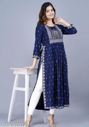 BLUE Nayara Cut Printed kurti I Round Notch Neck I 3/4 Sleeves I Casual & Office Wear
