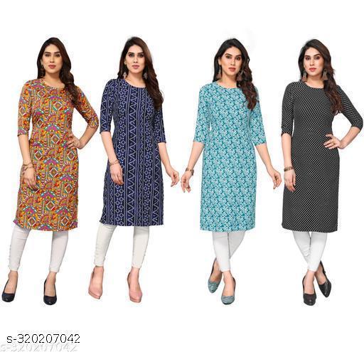 Polyster/Crepe fabric-Women Printed Straight Kurti Combo of 4