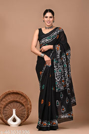 NEW AJARKH HAND PRINTED SOFT COTTON MULMUL SAREE WITH UNSTITCHED BLOUSE