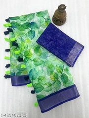 Linen cotton with silver jari border with digital print