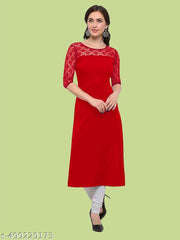 Casual American Crepe And Net Round-Neck 3/4 Length Sleeve Red Kurti (45"Inches)