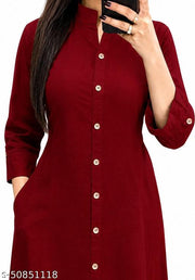 Trendy Attractive Traditional Women Maroon Solid Daily Wear A-Line Kurtis With Mandarin Collar & Pocket (Latest Design for Festive Season 2026)