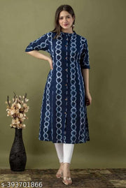 Woman Blue A-line Printed Rayon Single Stitched Three-Quarter Sleeves Calf Length Daily Wear Roll-Up With Show Button Beautiful Kurti.