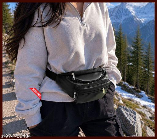 K London Stylish Leather Black Waist Bag for Men & Women | Multi-Pocket Travel Fanny Pack with Adjustable Strap | Stylish Black Waist Pouch for Travel, Hiking, Outdoor & Daily Use