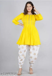 Stylum Women's Embellished Rayon Pleated Kurta Dhoti Pant Set (Mustard)