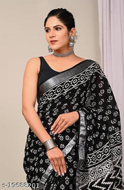 Hand Block Kalamkari Batik Indigo Ajrakh Printed Cotton Linen Saree With Blouse For Women's
