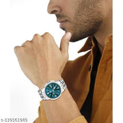 Listen Green Day & Date Function Stainless Steel Chain Strap Analog Watch - For Men
