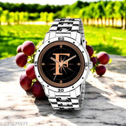 Femeo  Analog 9109 Watches Round Black Dial F Design Stylish Silver Stainless Steel Strap Classic Design Fancy Wrist Watch for Men and Boys, Pack of 1 - A07ZALPHA-F-AVO-SIL-STL