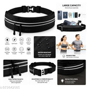 Sports Running Belt Waist Pouch with Dual Zipper Pockets & Earphone Hole, Water Resistant Mobile Holder for Gym, Jogging, Cycling, Walking & Travel - Black
