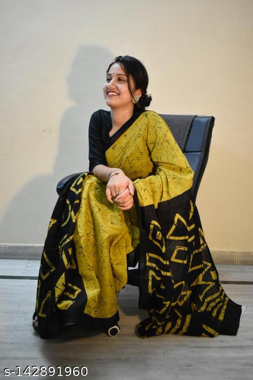 Kunj lets love fashion Latest Pure Cotton MULMUL Saree Hand Block Prinred, Mulmul Cotton, Hand Printed, Handloom Bagru Print Saree in Multicolour