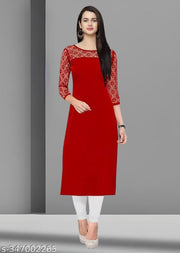Casual American Crepe And Net Round-Neck 3/4 Length Sleeve  Red Kurti (45"Inches)