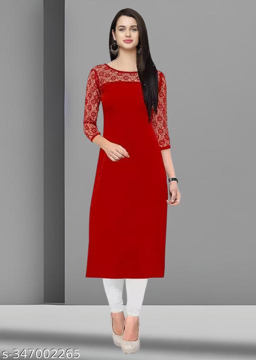 Casual American Crepe And Net Round-Neck 3/4 Length Sleeve  Red Kurti (45"Inches)