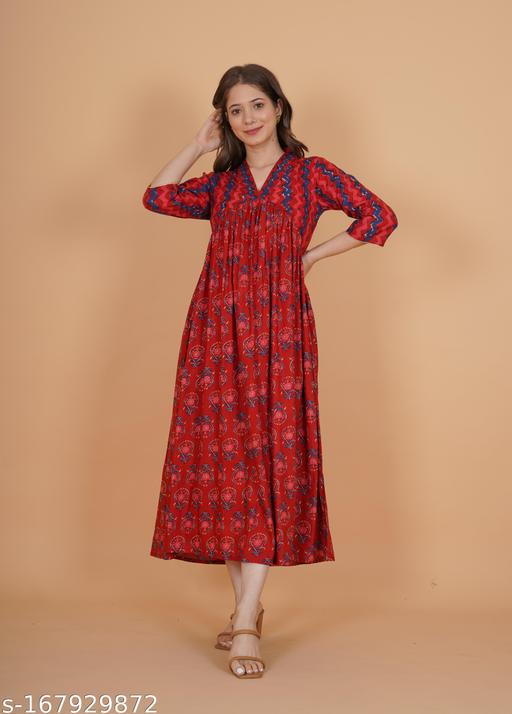 INDIANIC Women Rayon Floral Print Flared Kurta (Red)