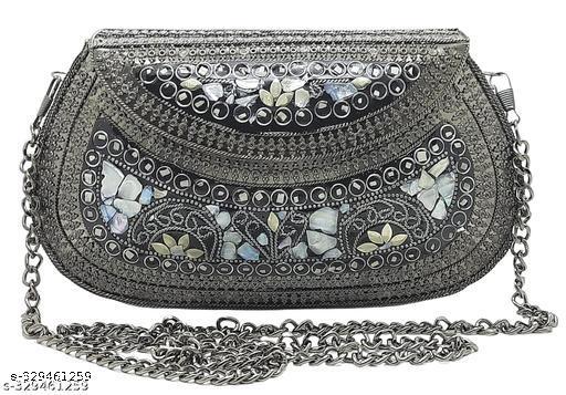 Shakuntala Textiles Handmade Antique Stone Bag Ethnic Clutch - Metal Bag Perfect for Parties, Fits All Cellphone Models
