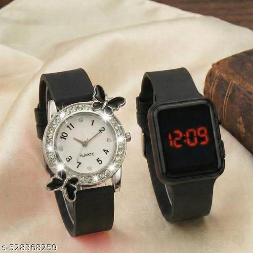 Black Rubber Women Analog Watch with Free LED Watch