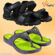 TieFit Men's Accupressure Non-Slip Slippers & Light Weight Sandal Combo Pair Of 2