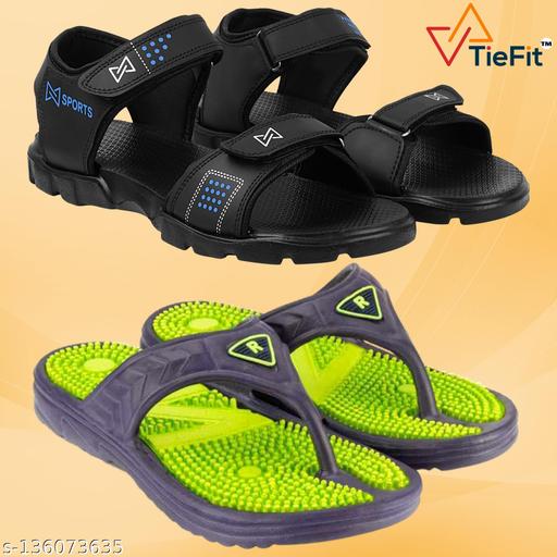 TieFit Men's Accupressure Non-Slip Slippers & Light Weight Sandal Combo Pair Of 2