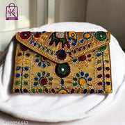NAKASA Women's Jaipuri Handmade Damru Embroidery Small Yellow Clutch Cum Sling Bag