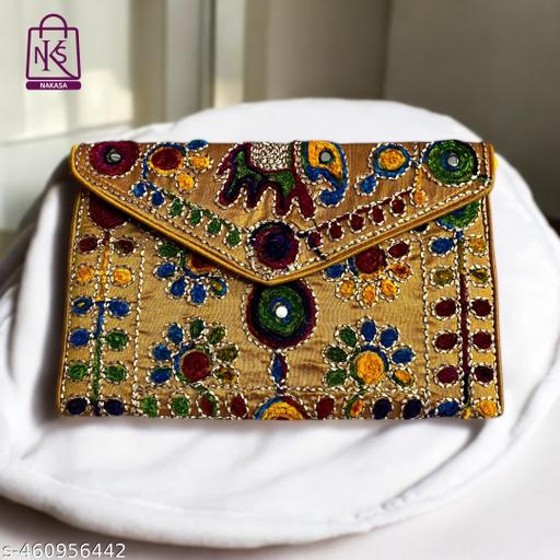 NAKASA Women's Jaipuri Handmade Damru Embroidery Small Yellow Clutch Cum Sling Bag