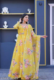 Elegant Yellow Floral Anarkali Dress – Women’s Round Neck Long Sleeves Ankle Length Ethnic Wear