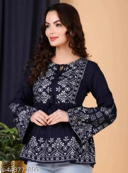 Flawsome Stylish Round Neck Full Length Printed Embroidery Work Above Knee Kurti For Women Fashion(Black)