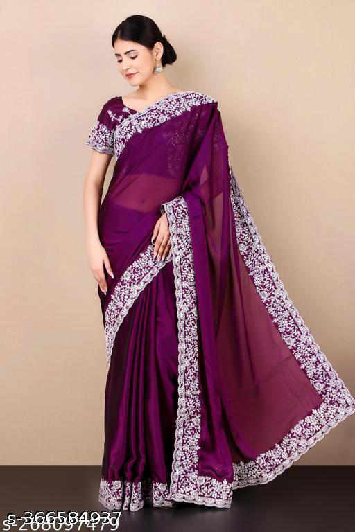 Georgette Embroidered Elegant Purple Color Sreee With Blouse || Saree For Women || Trending Saree For Women || Bollywood Stylish Fancy Party Wear Wedding Festive Bridal Sari/Saree For Women