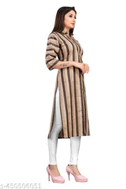 Women Striped Khadi Cotton Straight Kurta  FANCY COTTON DESIGNER LATEST BOLLYWOOD STRAIGHT KURTI Trendy The New Fancy Bollywood-Inspired Trendy Women's Cotton Straight Kurti