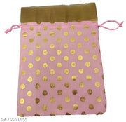 3A FEATURETAIL 13Cm X 18Cm 10pc Pink Color Golden Polka Dot Small Drawstring Bags Pouches Potli For Gift, Jewelry, Dryfruits & Candy