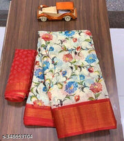 Fashionable Zarina White/Tusser Floral Bright Color Semi-Transparent Cotton Blend Saree with Contrast Matching Unstitched Blouse. Perfect Daily Wear Sadi for Women to gift on occasions