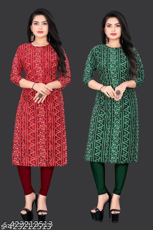 Women Crepe Printed Straight Kurti Combo of 2 PACK OF 2, Extra plus Size - S, M, L, XL, XXL, 2XL, XXXL, 3XL, 4XL, 5XL ( New Arrival New Design Fashionable Kurti )