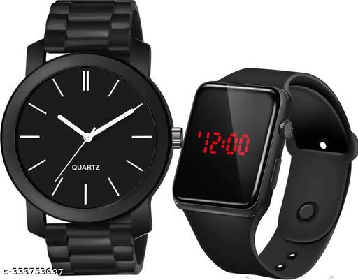 Watch Combo BUY 1 GET 1 FREE Set Of 2 Analog Black Rubbers Strap And With Led Digital Watch For Boy Analog Watch - For Boys