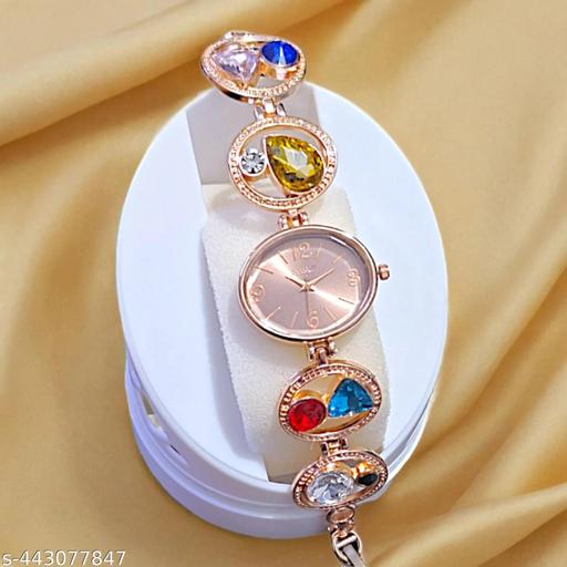 New Bracelet Rose Gold Chain Womens Multicolor Stone Casual Analog Watch - For Women