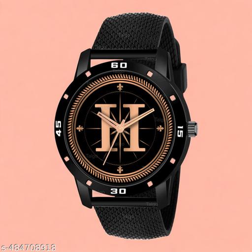 Talgo Analog Round Black Dial ALPHABET H Design Stylish Black Silicone Strap Classic Design Fancy Wrist Watch for Men and Boys, Pack of 1 - ALP-H-AVO-BLK-SFR