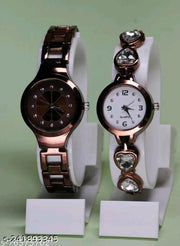 Flower Designed Premium Quality Analog Watch with Diamond Studded Attractive Metal Analog Watch Combo For Women