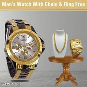 H&H Rosra Golden Formal Watch For Men's and boys { gold Ring +gold Chain Free  }