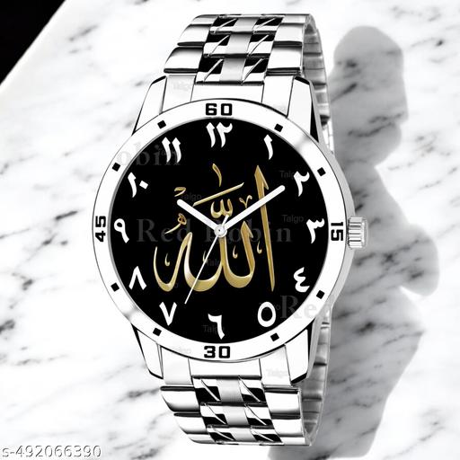 Natrix Analog ALLAH Design Black Dial Stylish Silver Stainless Steel Strap Wrist Watch for Muslim Men and Boys, Pack of 1 - ALLAH-AVO-SIL-STL | Eid Special Collection