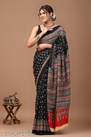 Traditional Women's Summer Special Jaipuri Hand Block Ajrakh Printed Cotton Mulmul Saree with Unstitched Blouse Piece