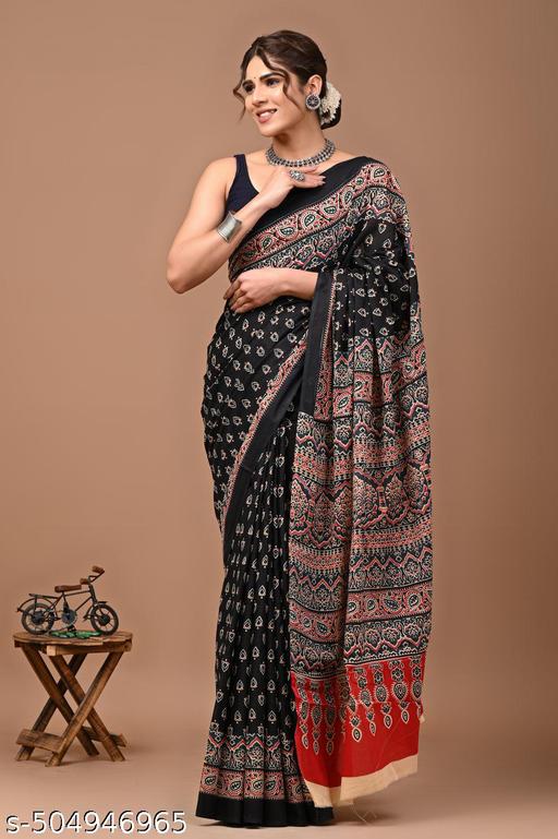 Traditional Women's Summer Special Jaipuri Hand Block Ajrakh Printed Cotton Mulmul Saree with Unstitched Blouse Piece