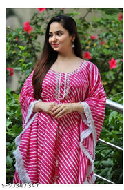 Trendy Pink Lehriya Print Cotton Kaftan having Aari work & Lace