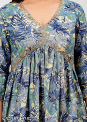 Floral Printed V-Neck Cotton A-Line Kurta